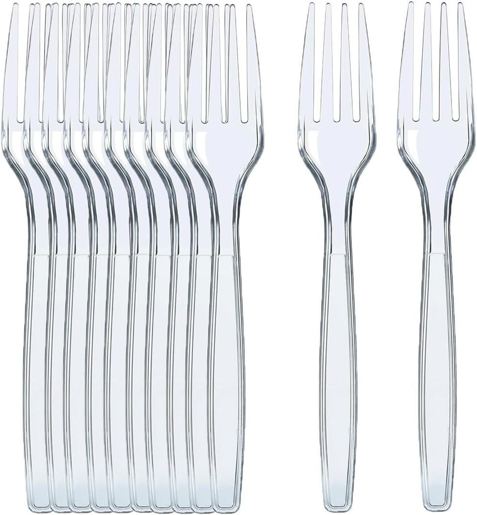 A group of clear plastic forks are arranged in a row, with two additional forks placed to the right.
