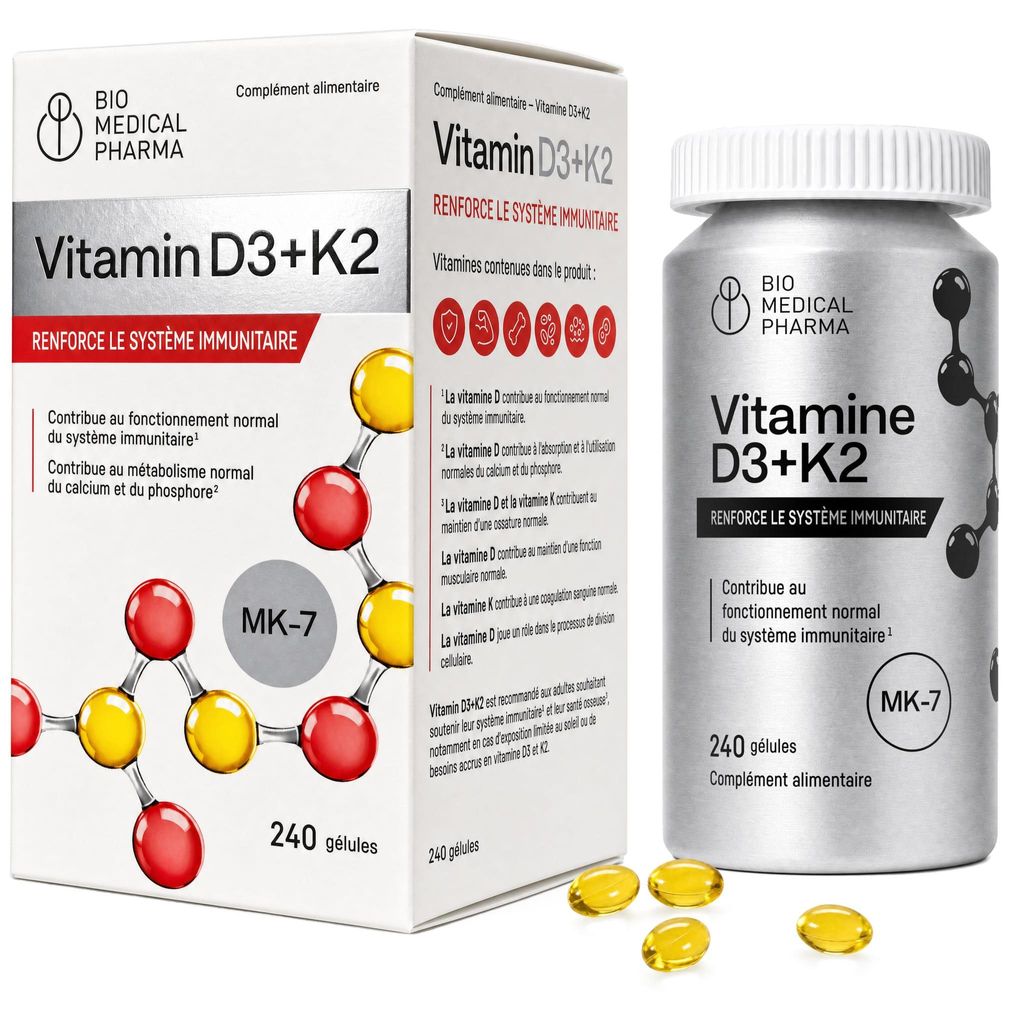 Vitamine D3 K2 MK-7 - 240 gélules - 5000 U.I. de vitamine Image du produit 