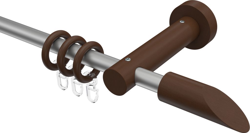 Interdeco Gardinenstange / Vorhangstange Silbergrau / Nussbaum lackiert, Typ Adrian Franca (Schräge), 16 mm Ø 1-läufig, 280 cm