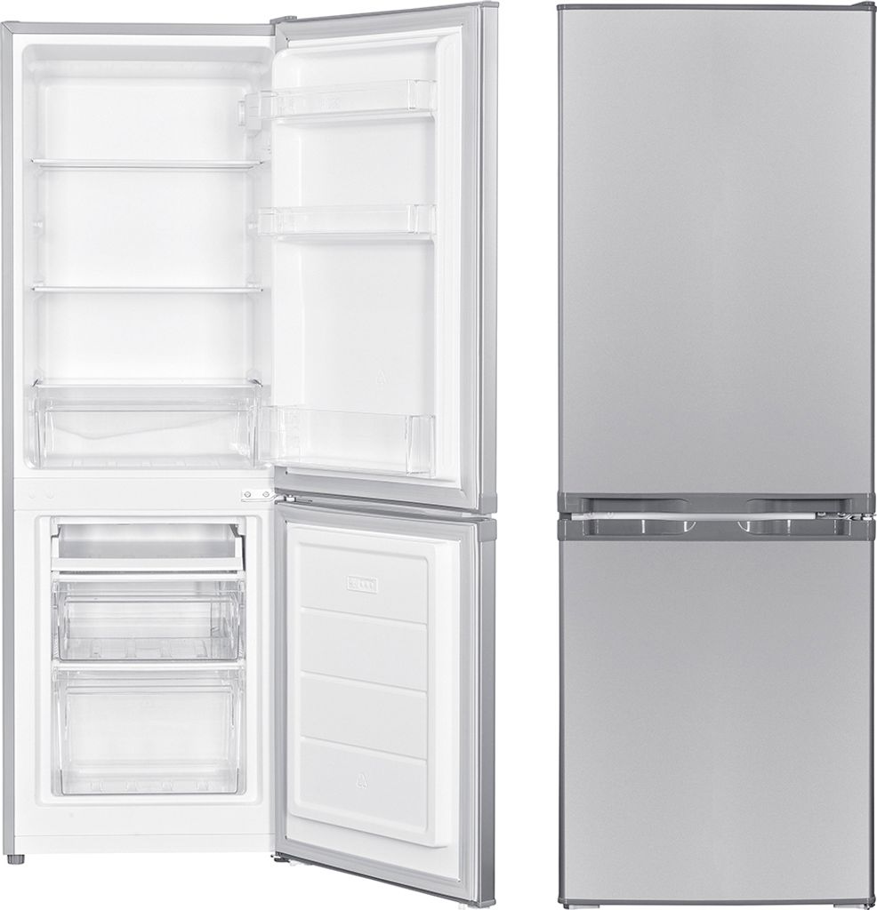 A refrigerator-freezer combination with its doors open, showing the interior compartments, and a separate view of the closed exterior.