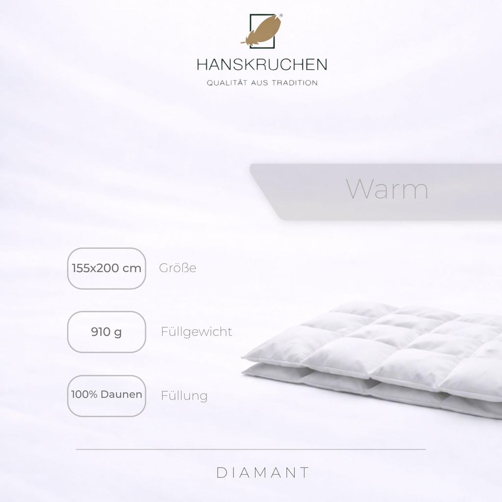 HANSKRUCHEN Diamant Bettdecke Daunen 100% 200x200 cm Warm waschbar Allergiker Winterbettdecke atmungsaktiv Daunendecke weiss