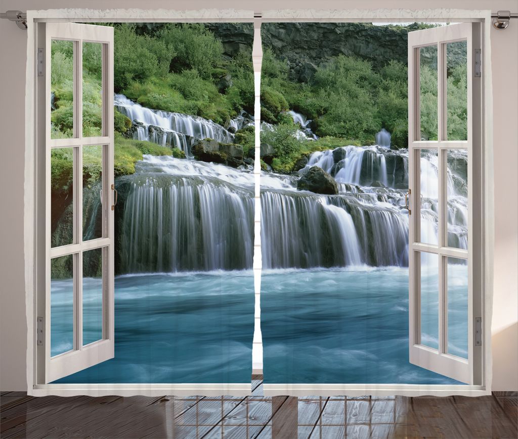ABAKUHAUS Wasserfall Rustikaler Gardine, Majestic Paradise, Schlafzimmer Kräuselband Vorhang mit Schlaufen und Haken, 280 x 175 cm, Blau Grün