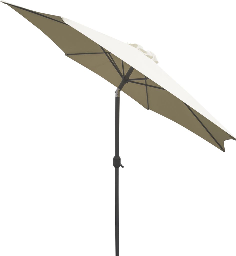 A beige patio umbrella with a dark gray pole, shown against a white background.