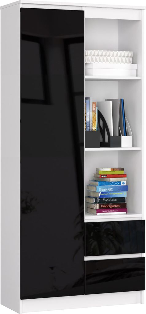 Hoher Regalschrank – Standregal – Bücherregale – CLP – 80 cm – Weiß / Schwarz Hochglanz – Funktionales Aufbewahrungssystem mit kombin...
