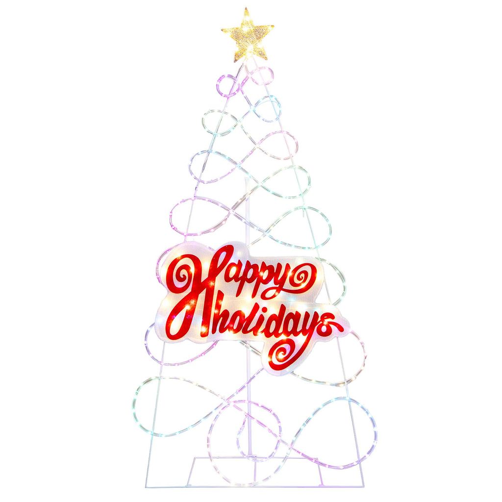 A decorative LED Christmas tree with a "Happy Holidays" sign.