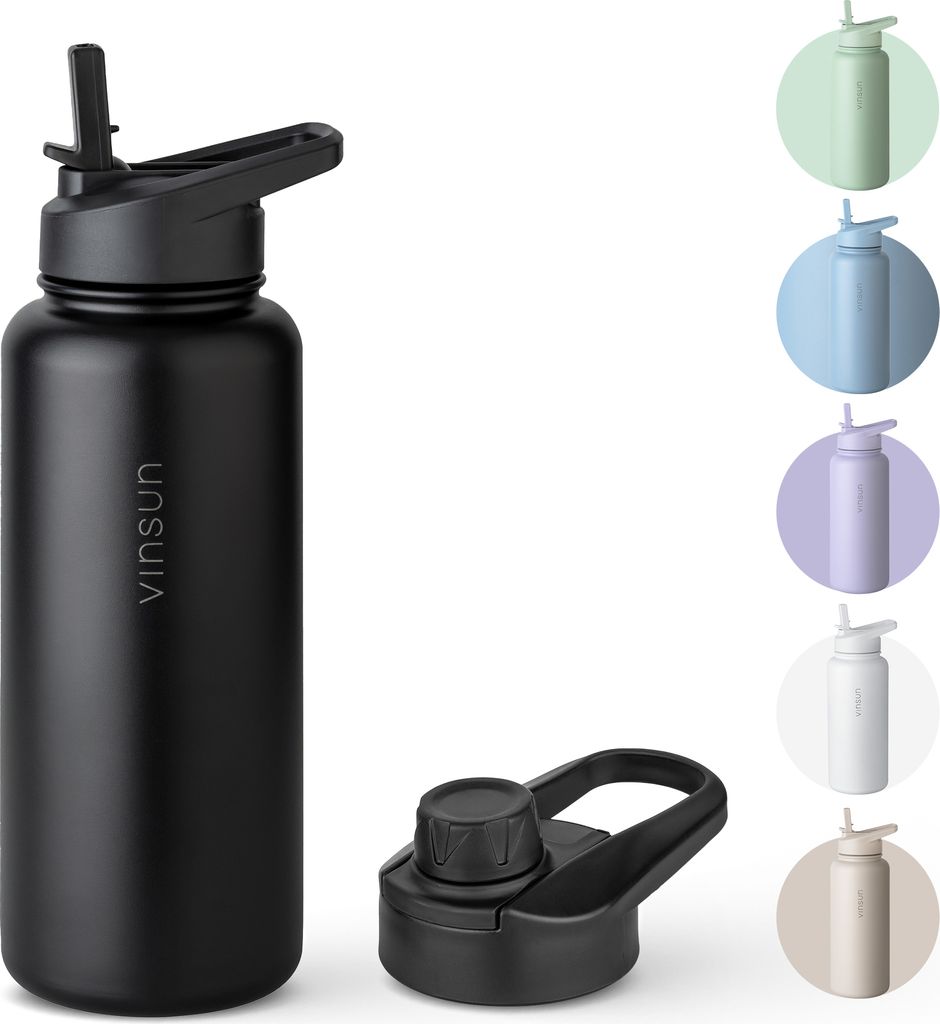 Trinkflasche Edelstahl 1L Thermoflasche Sport Flasche isoliert schwarz Vinsun
