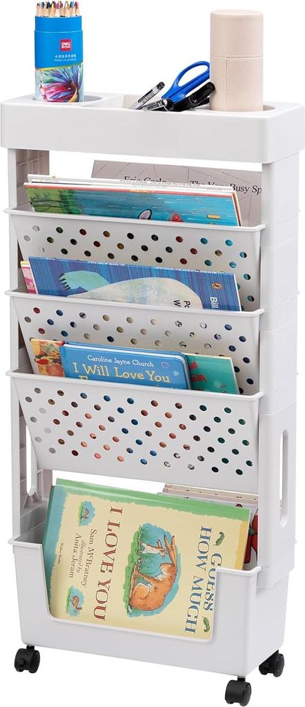Klein Bücherregal und Aufbewahrungstrolley - 5-lagiger Aufbewahrungwagen mit Rädern für Küche, Badezimmer, Schlafzimmer und Büro