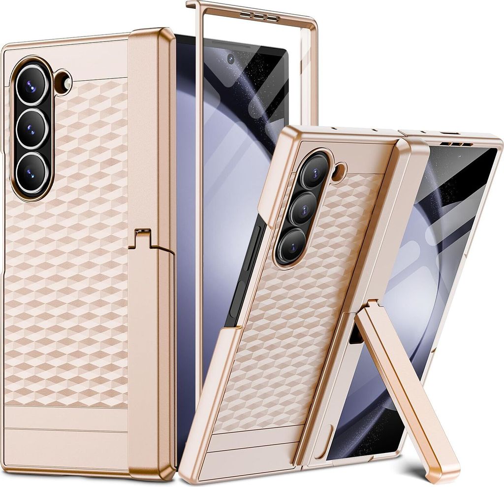 Handyhülle für Samsung Galaxy Z Fold 6 Militärischer Hülle mit Displayschutzfolie und Ständer, Scharnierschutz Gold