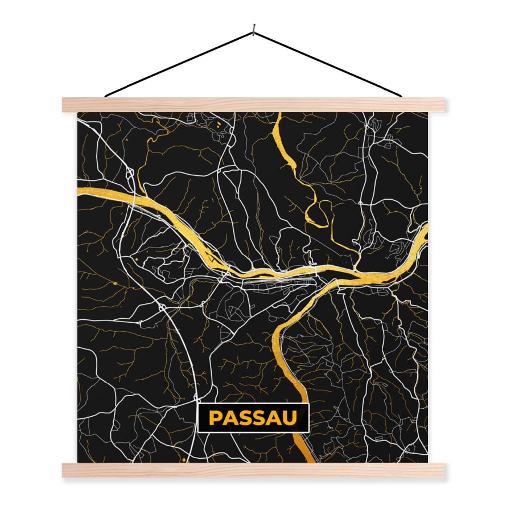 MuchoWow Textilposter Karte - Stadtplan - Passau - Deutschland - Gold 60x60 cm mit holzfarbenen Rahmen - Wanddekoration