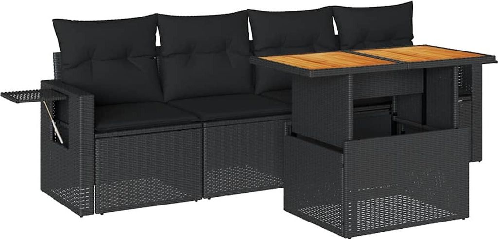 vidaXL 5-tlg. Garten-Sofagarnitur mit Kissen Schwarz Poly Rattan