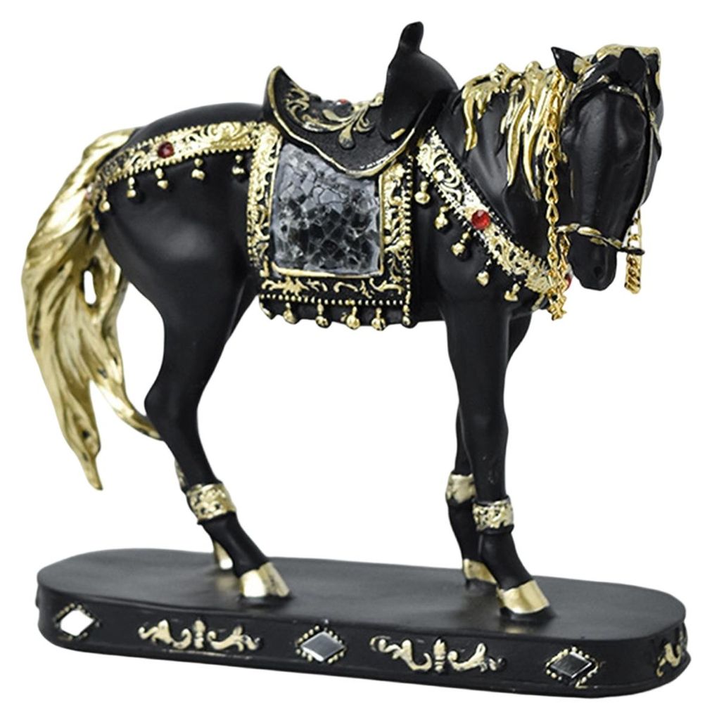 Retro-Pferdestatue, künstlerische Pferdefigur mit Sockel, goldfarbene Pferdeskulptur aus Kunstharz für Regal, Kaminsims oder Schrank