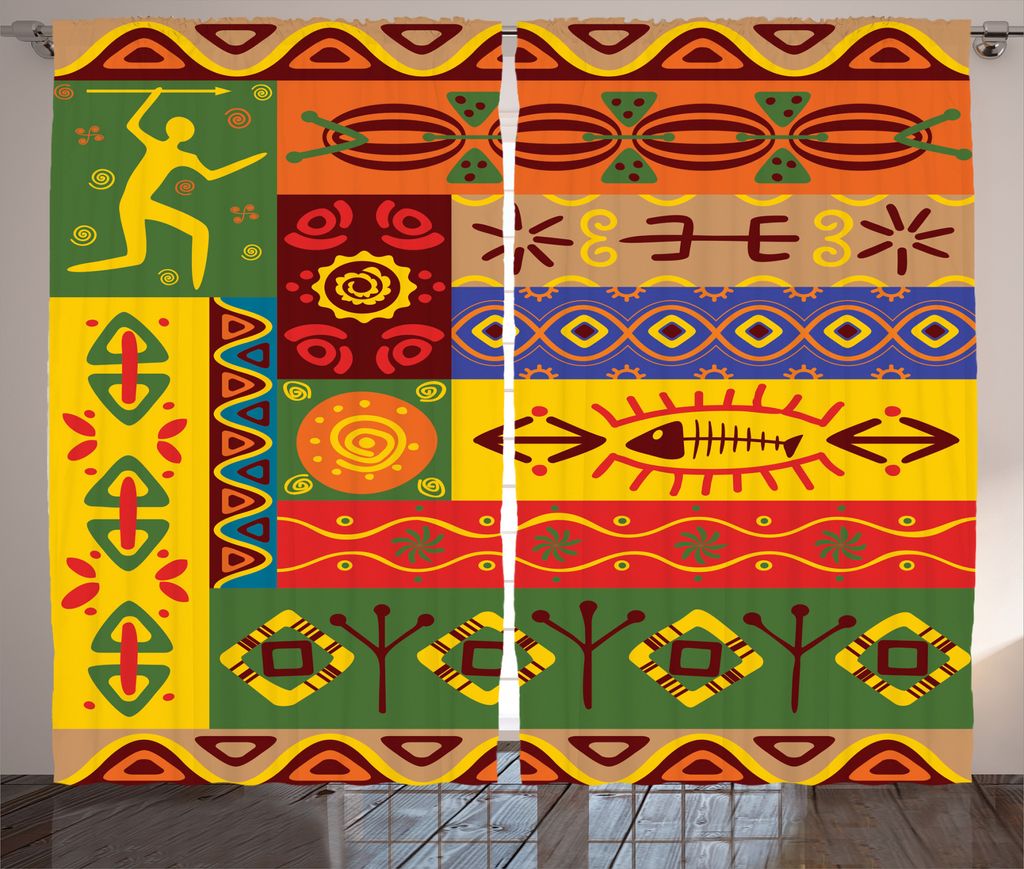 ABAKUHAUS afrikanisch Rustikaler Vorhang, Abstrakter ethnischer Stammes-, Wohnzimmer Universalband Gardinen mit Schlaufen und Haken, 280 x 225 cm, ...
