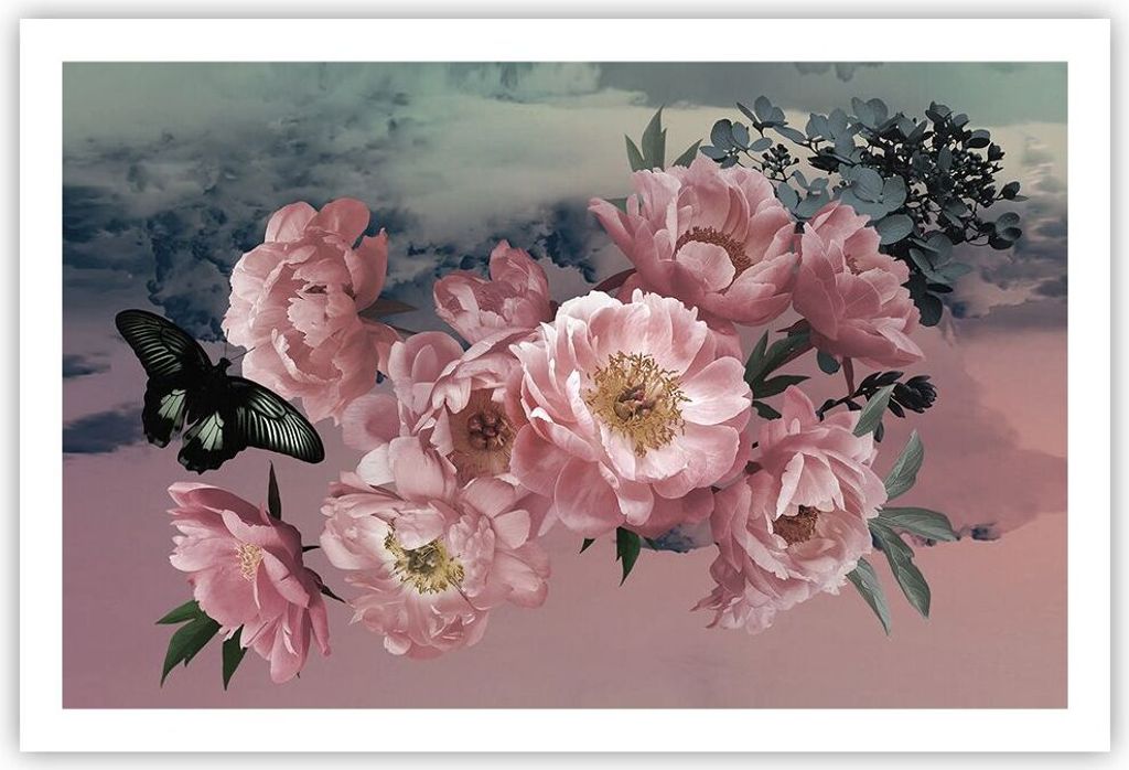Poster - Poster ohne Rahmen - Blumen Schmetterling Wolken - 91,5x61 cm - Wand Bild - Wanddeko - Wandbilder - Kunstposter - Wandposter - Bilder - Ku...