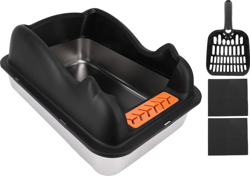 Edelstahlkatze Katzentoilette mit Deckel leicht zu reinigen antispritzig hochseitig großes Metallkitty Schwarz