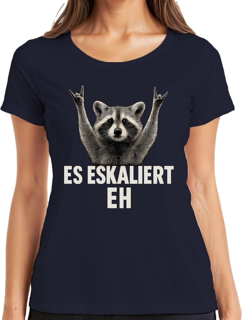 Es eskaliert eh Waschbär Rocker Party Humor Vintage Retro lustig Damen T-Shirt, Navy, 3XL