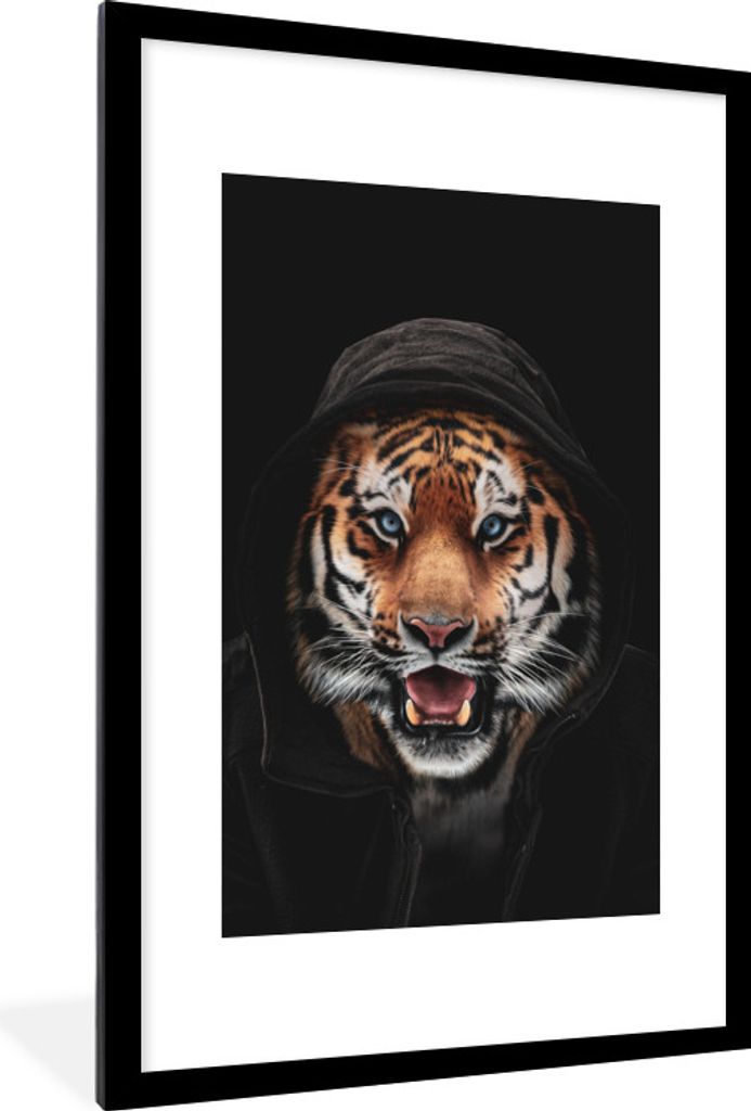MuchoWow MuchoWow Gerahmtes Poster Tiger - Schwarz - Blau 60x90 cm - Poster mit zchwarzem Bilderrahmen - Dekoration - Wandposter Wohnzimmer - H...