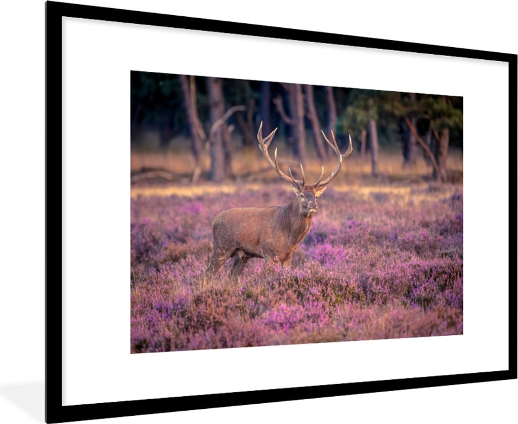 MuchoWow MuchoWow Gerahmtes Poster Hirsche - Blumen - Niederlande 90x60 cm - Poster mit zchwarzem Bilderrahmen - Wanddekoration - Fotos