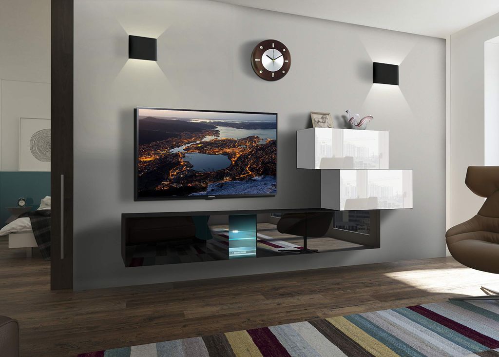 Furnitech Wohnwand Wohnzimmer - Hängend Wohnwand Modern - Regale und TV Schrank - Wohnzimmer Möbel ohne LED (Troja AN85-17BW-HG24-1B)