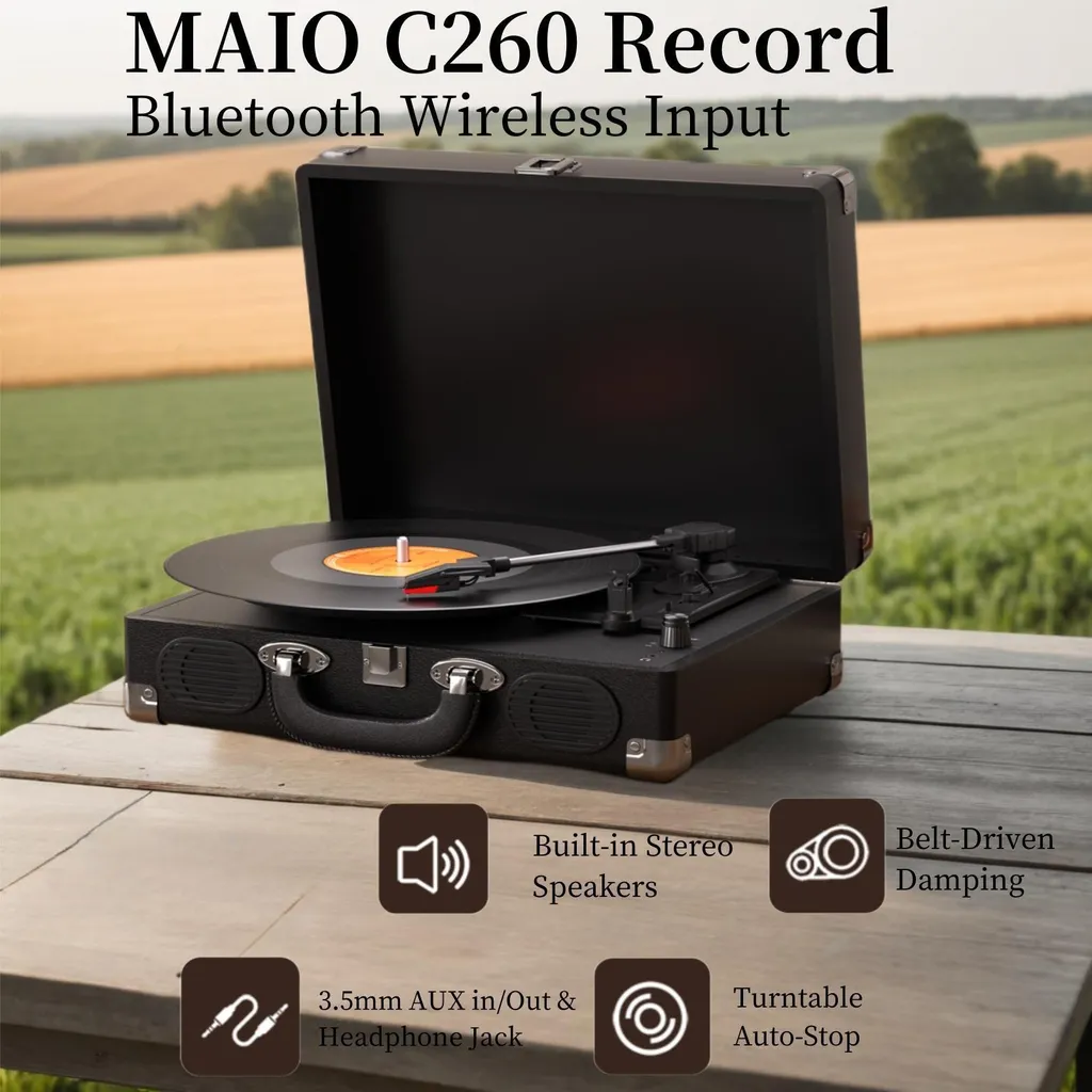 Tourne-disque rétro noir à haut-parleurs intégrés et Bluetooth sans fil