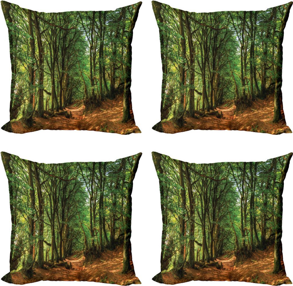 ABAKUHAUS Wald Kissenbezug Set (4 Stück), Wald Pathway Szene, Moderner Doppelseitiger Digitaldruck, 40 cm x 40 cm, Grün Braun