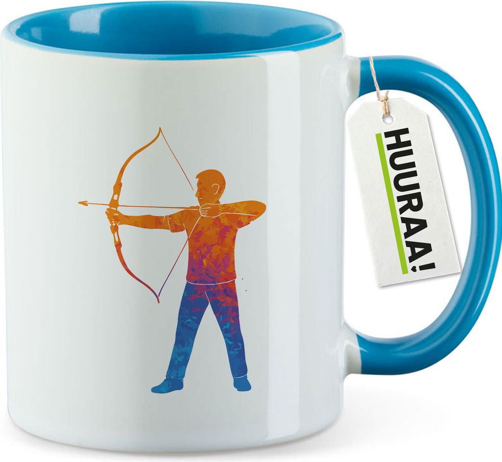 Huuraa Kaffeetasse Bogenschießen bunte Silhouette 330ml Blau Keramik Kaffeebecher Geschenkidee
