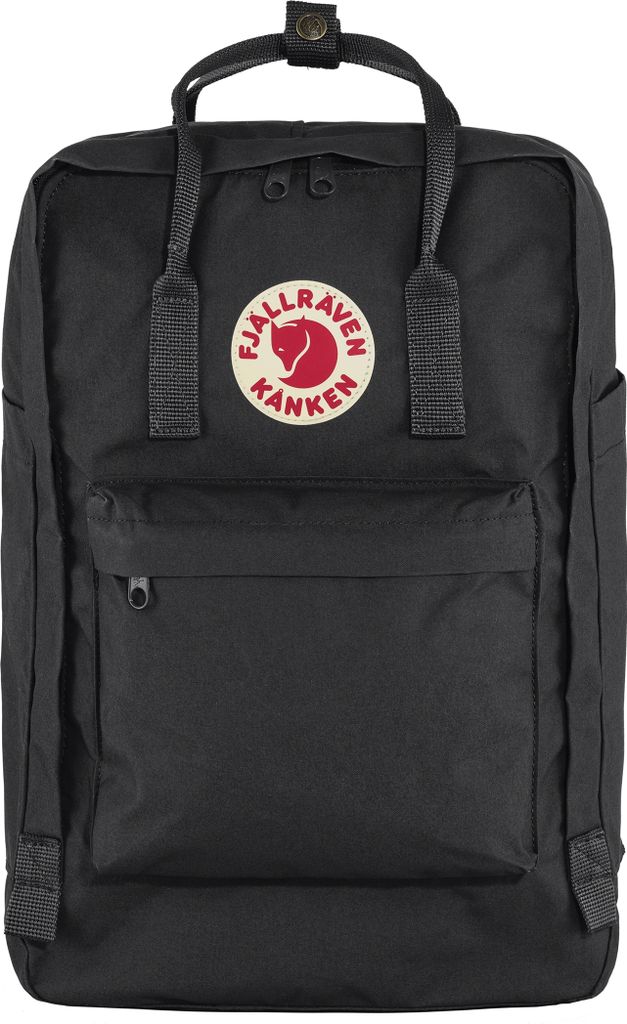 A black Fjällräven Kånken backpack is shown against a white background.