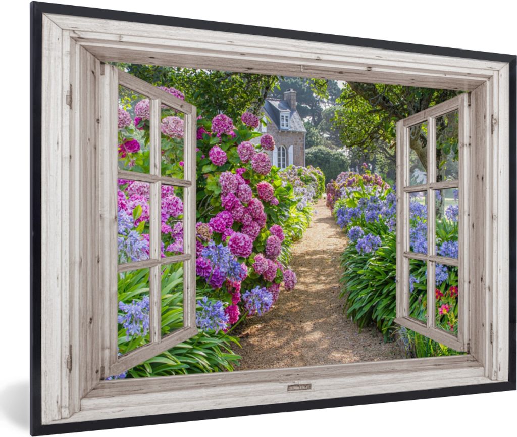 MuchoWow Gerahmtes Poster Hortensie - Durchsichtig - Blumen - Sommer - Lila - Weg 60x40 cm - Poster mit Schwarzem Bilderrahmen Wandposter Rahmen ...