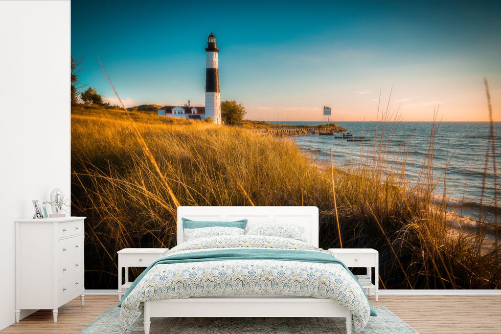 MuchoWow Fototapete für Wohnzimmer oder Schlafzimmer Wandtapete Vinyl Motivtapete Leuchtturm - Meer - Amerika - 360x240 cm - Vinyl-Tapete