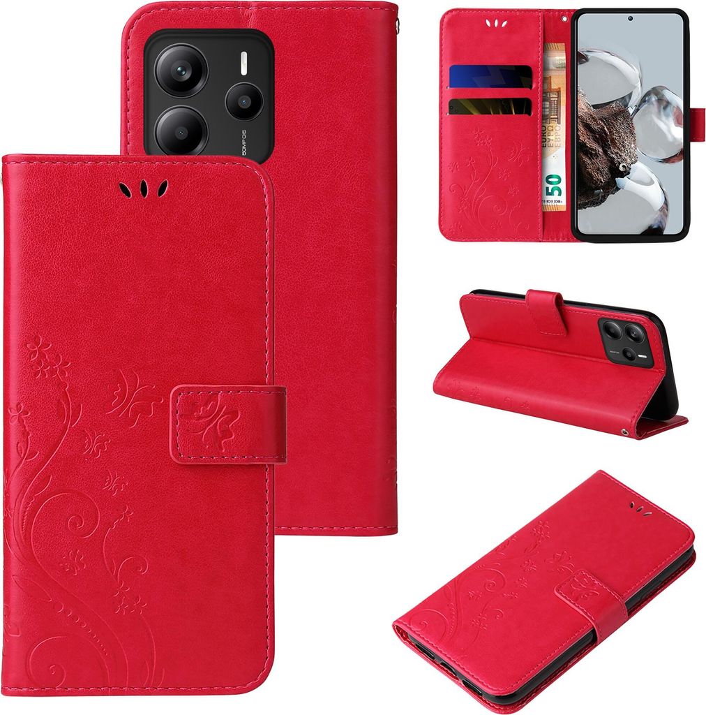A collage of images showing a red flip phone case with floral and butterfly embossing, and card slots.