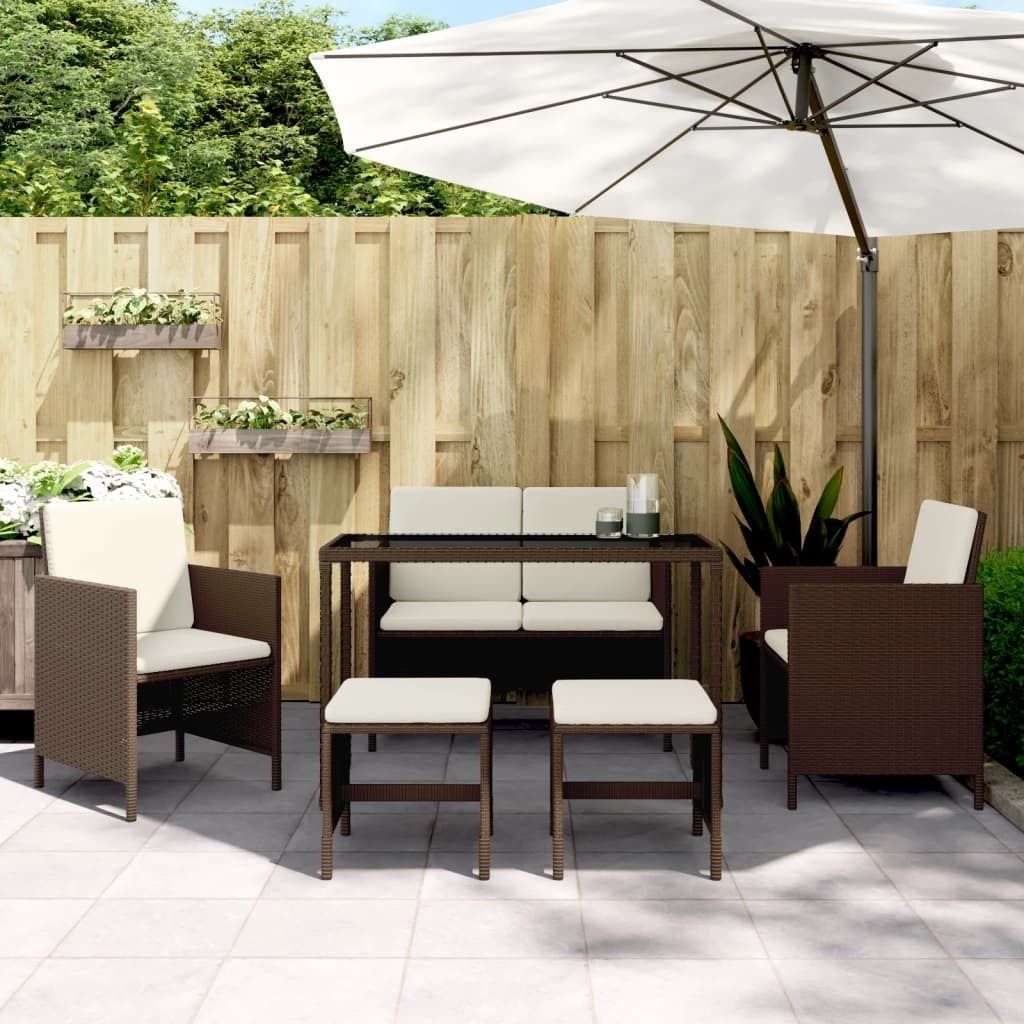 Design 6-tlg. Garten-Essgruppe mit Kissen Braun Poly Rattan, Gartenmöbel-Sets 2024 Neu