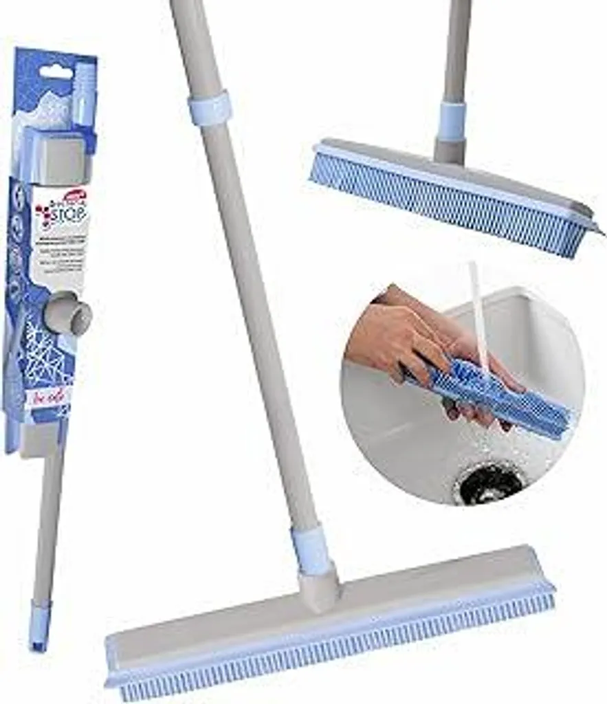 Scopa in gomma York con raschietto Scopa con setole in gomma e manico telescopico con microparticelle d'argento Raschietto per liquidi Spazzola per pavimenti per tappeti Grigio Blu Bacteria Stop 24 x 5 x 74-140 cm - 1