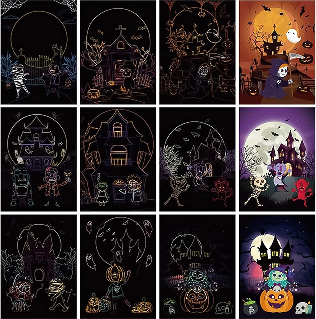 9-teiliges Weihnachts-Kratzpapier-Kunstset, Kalolary Rainbow Magic Paper, schwarze Rubbel-Kunstkarten, Notizen, Zeichenbretter mit Holzstift für K...