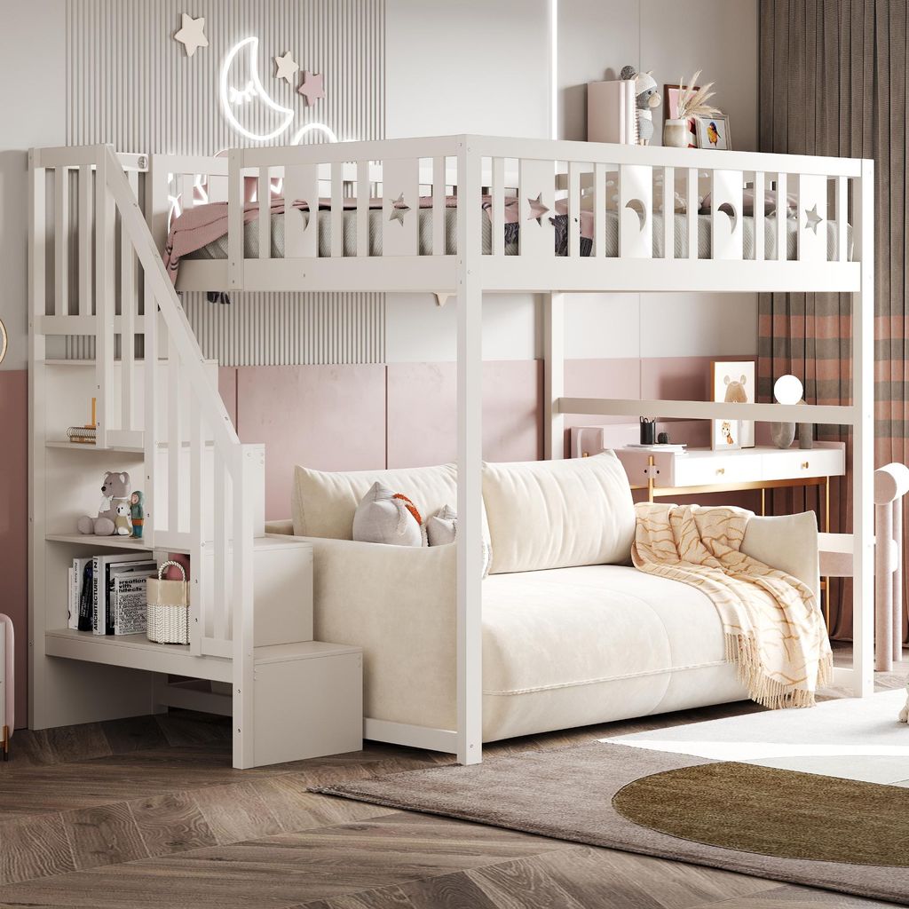 A child's bedroom with a white loft bed, a sofa underneath, and a desk.