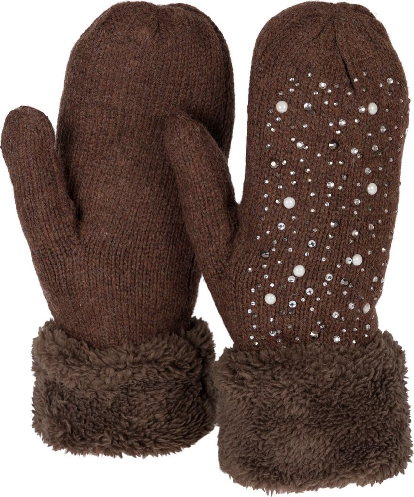 styleBREAKER Damen warme Winter Strick Fäustlinge mit Strass und Perlen, Handschuhe, Thermo Fleece, Strickhandschuhe 09010039
