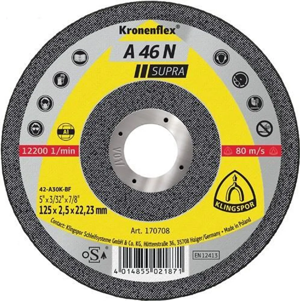 Disco Abrasivo Klingspor A 46 N Supra 125 mm Alluminio Foro 22,23