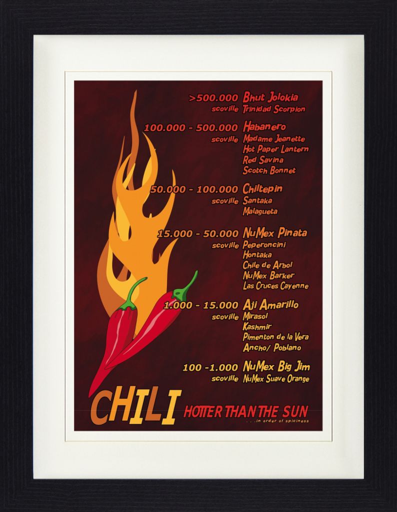 Kochkunst Gerahmtes Bild Mit Edlem Passepartout | Wand-Bilder | Im Bilderrahmen - Hotter Than The Sun, Chili Schärfeskala (40 x 30 cm)