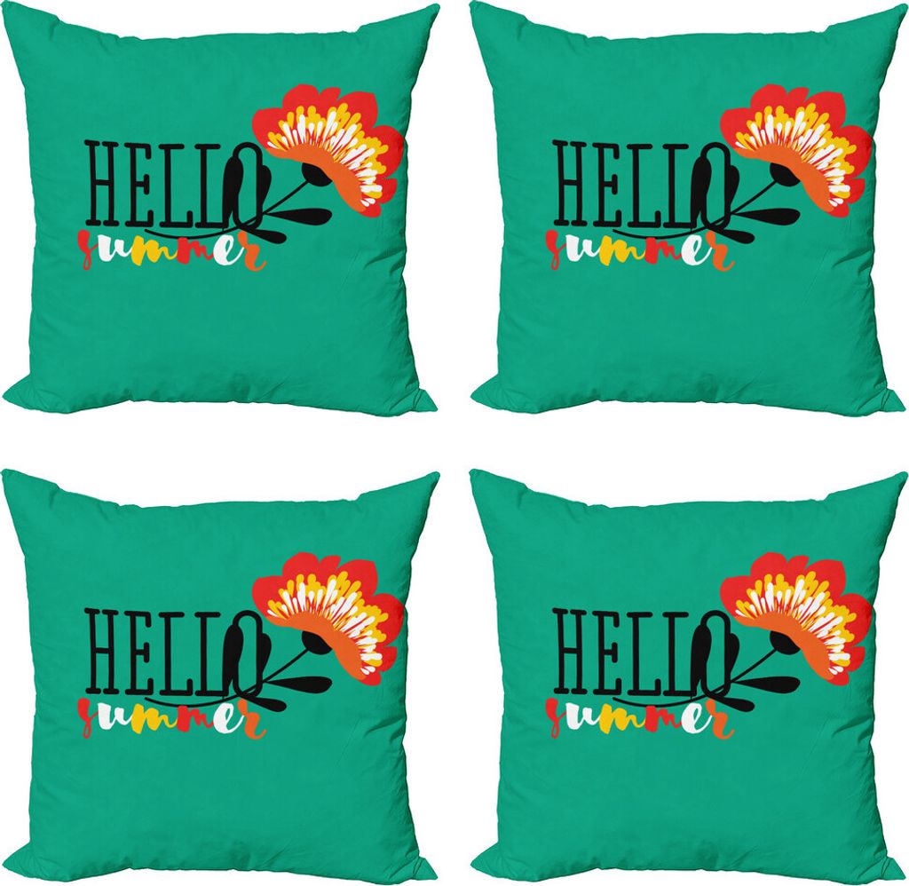 ABAKUHAUS Hallo Sommer Kissenbezug Set (4 Stück), Floral Hallo Sommer Text, Moderner Doppelseitiger Digitaldruck, 40 cm x 40 cm, Sea Green Schwarz