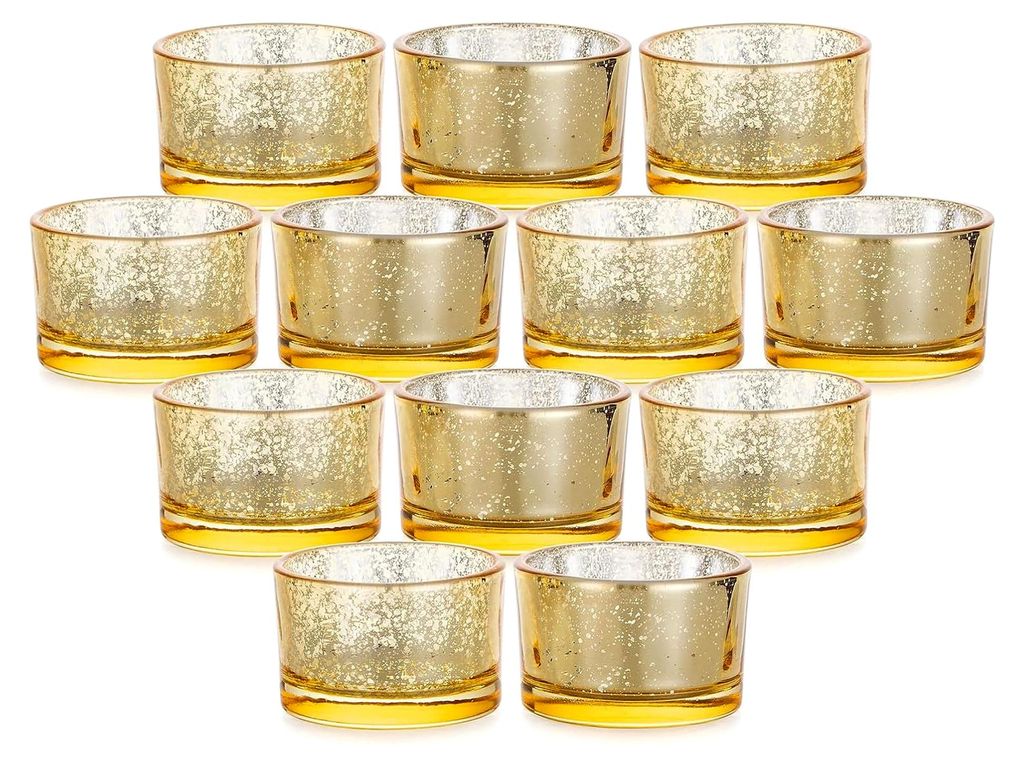 Teelichthalter Gold: 12 Stück Windlichter aus Glas für Tischdeko
