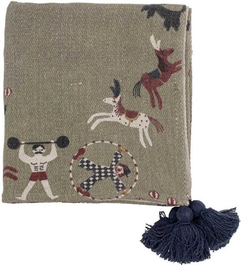 Bloomingville Decke LOOME Grün mit Zirkus Motiv 160x130 cm Wolldecke Plaid