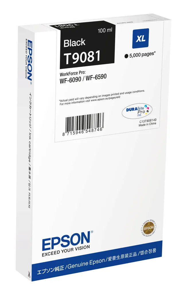 Cartouche Epson T9081 Noir XL 100 ml Originale C13T908140 haute densité d'encre