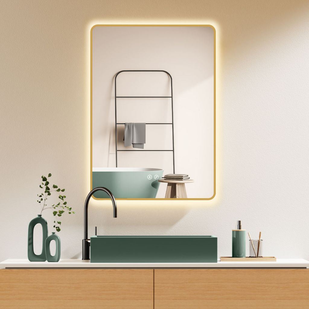 HOKO Badspiegel Antibeschlag LED 70x100cm mit Rahmen HOCH+QUER Montage TouchSchalter+Licht Wechsel Warmweiß-Kaltweiß-Neutral Wandschalter einscha...