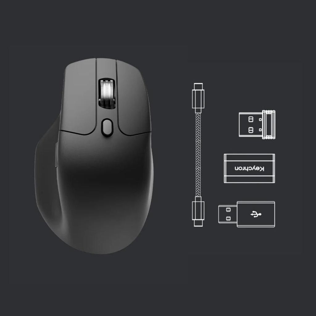 A black wireless mouse and its accessories are displayed against a dark gray background.