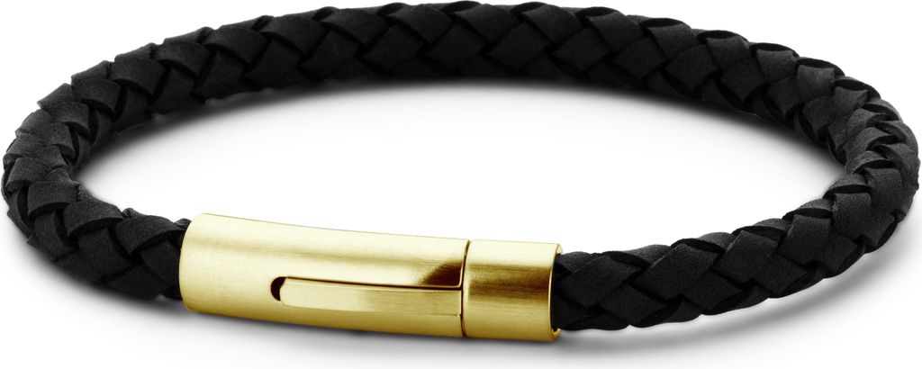 Frank 1967 7FB-0533 Geflochtenes Lederarmband - Männer - Leder - 6 mm Dicke - 21 cm - Schwarz - Farbe Gold