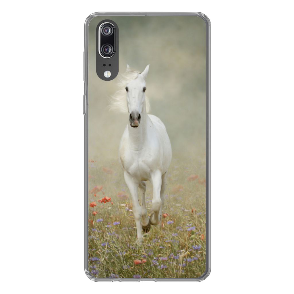 MuchoWow Handyhülle Schutzhülle Hülle für Huawei P20 Pferd - Stoff - Blumen Silikon Softcase Handy Hülle - Hardcover