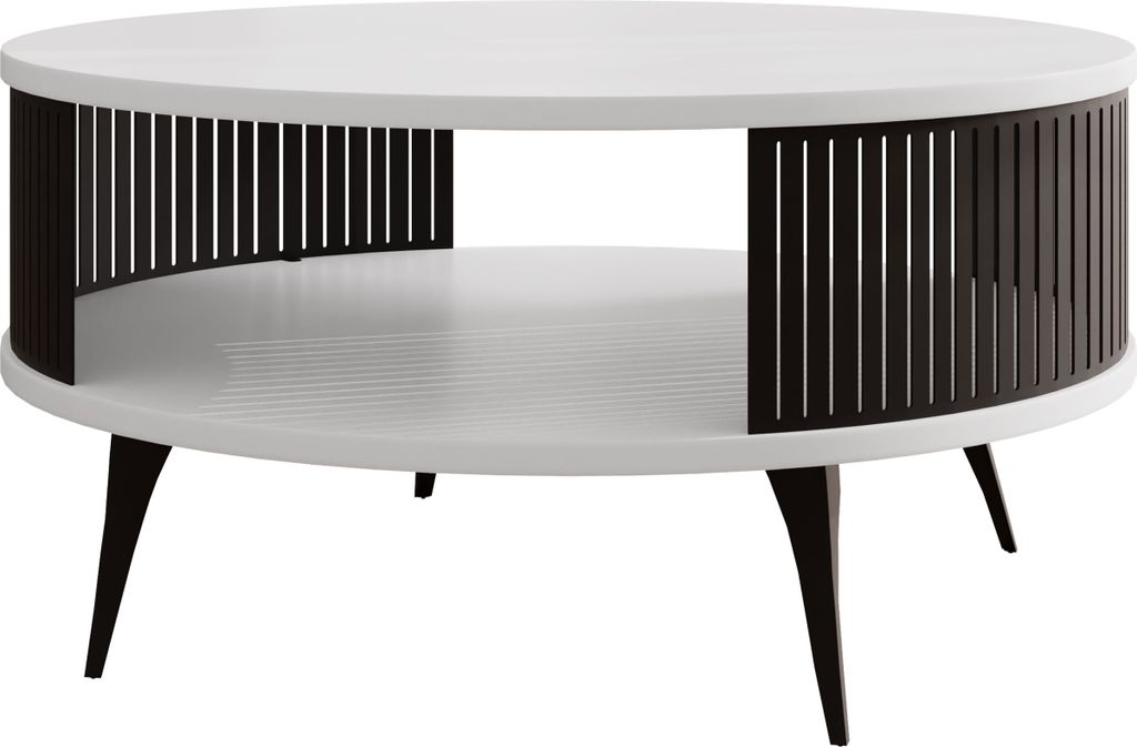 A round coffee table with a white top and shelf, and a slatted black base and legs.