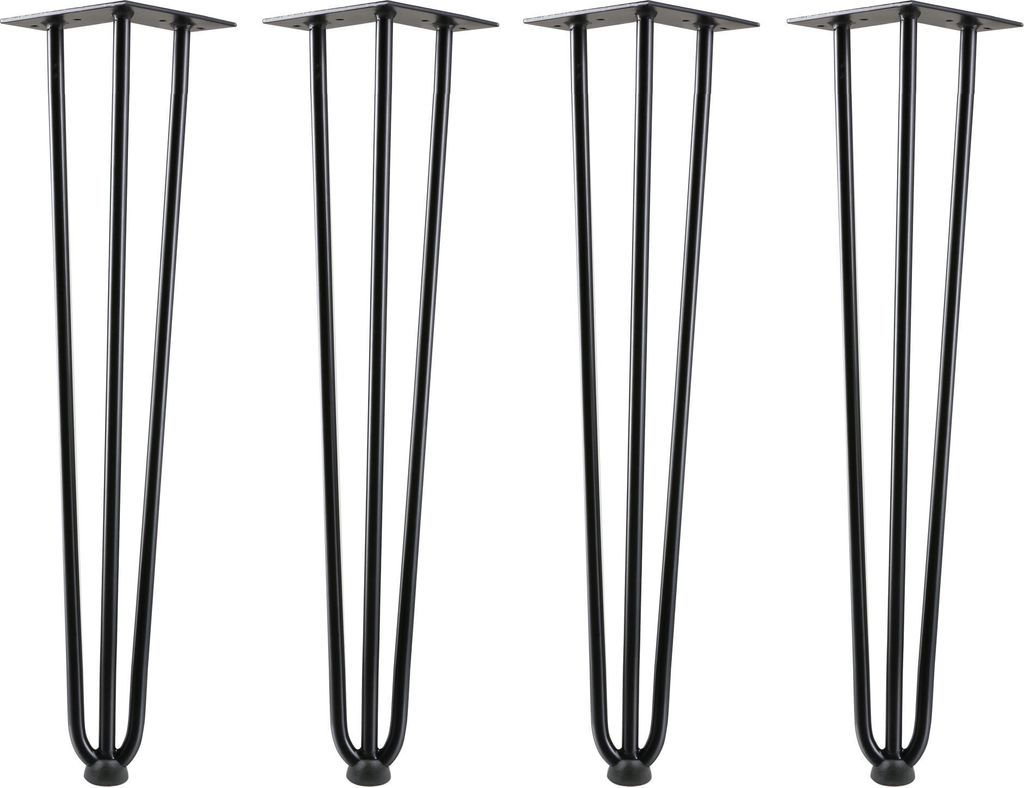 Four black metal table legs with three prongs each, arranged in a row against a white background.
