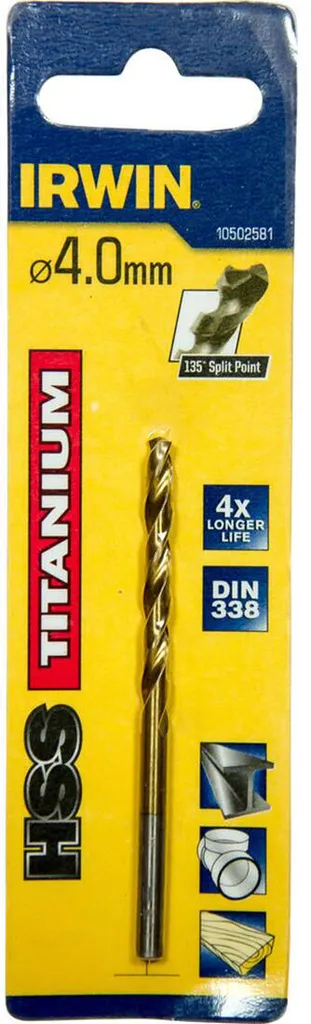 Punta Trapano Irwin 4mm HSS-TiN Titanio | Alta Velocità DIN 338