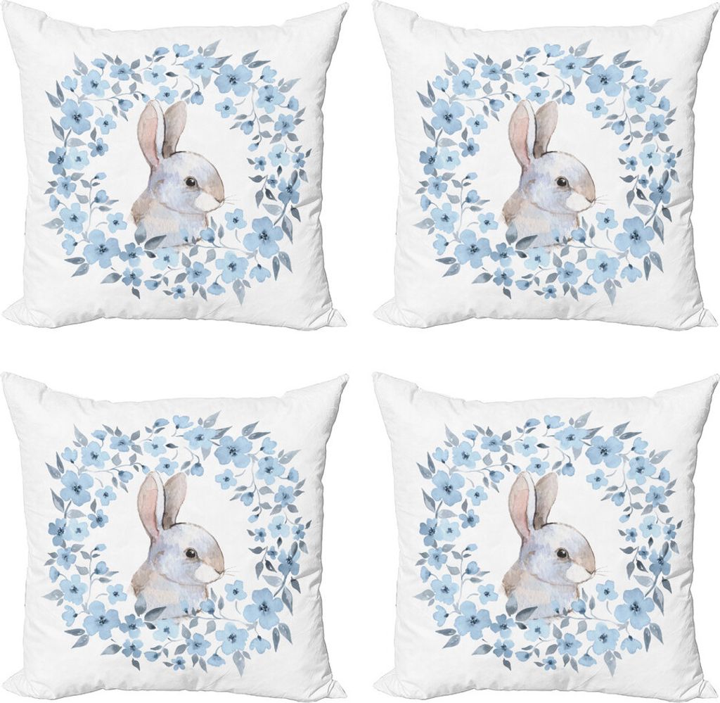 ABAKUHAUS Aquarell-Blumen Kissenbezug Set (4 Stück), Kaninchen Portrait, Moderner Doppelseitiger Digitaldruck, 60 cm x 60 cm, Blau, Grau, Weiß