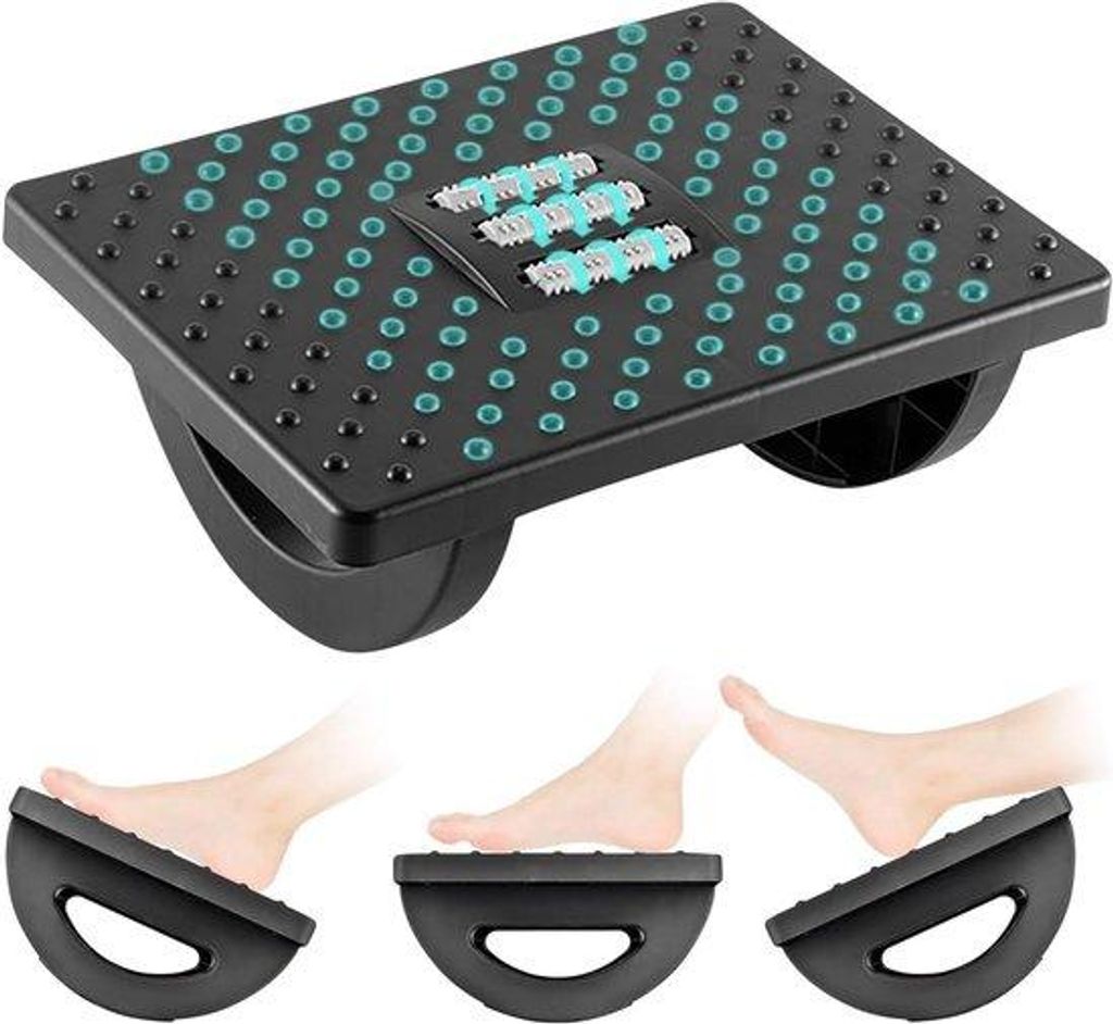 Ergonomische voetsteunkruk met rolmassage für komfortable Fußstütze am Schreibtisch.