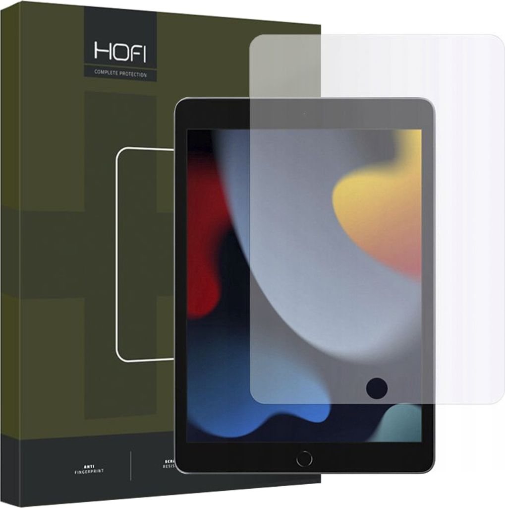 A screen protector is shown placed over an iPad screen, with the product packaging visible to the left.